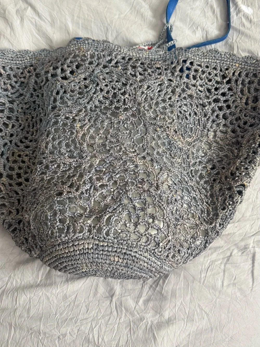 Gray Crochet Tote Bag with Blue Straps